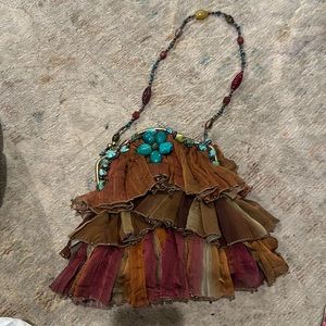 Mary Frances Beautiful Silk & Turquoise/Beaded Small Handbag
